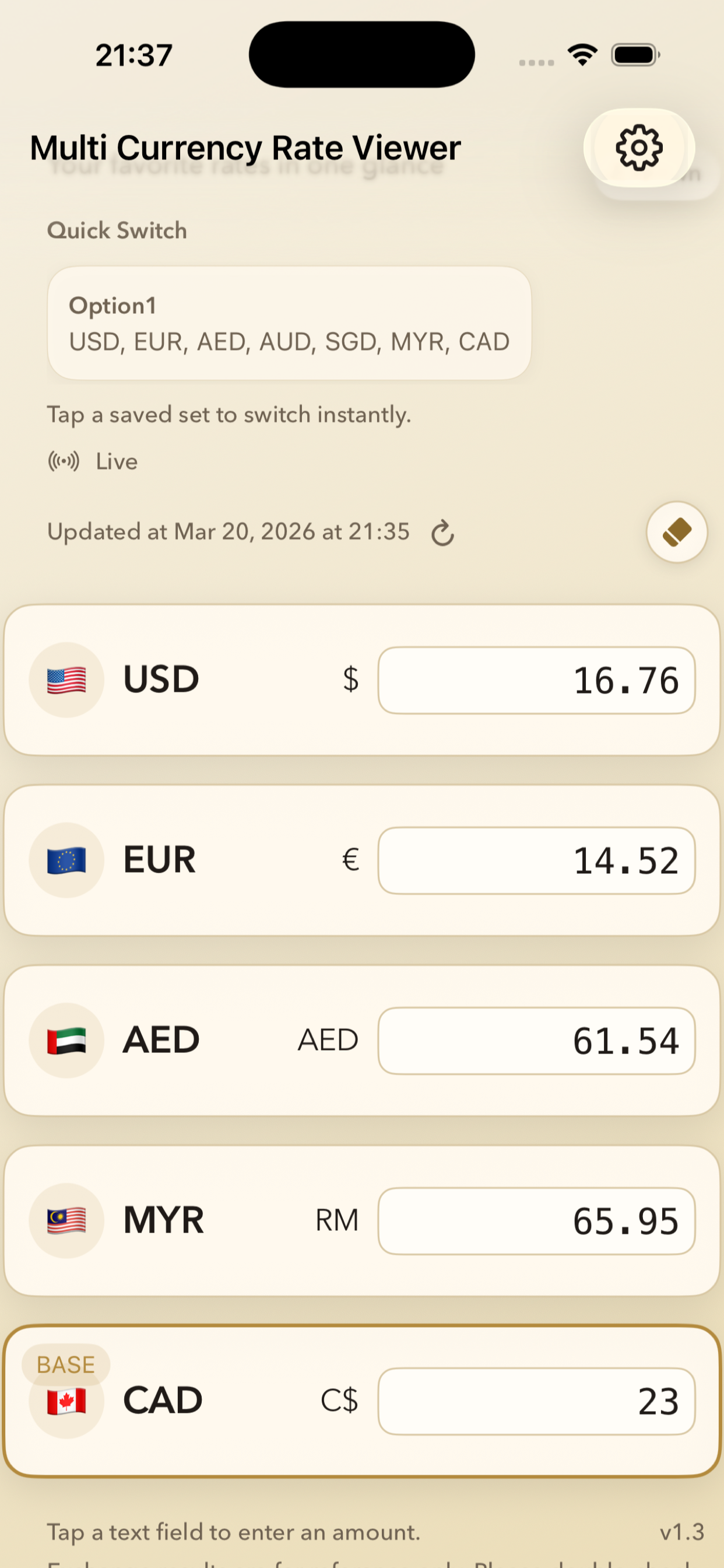 Multi Currency Rate Viewer のアプリ画面